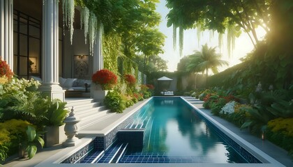 Luxurious Tropical Pool Garden - obrazy, fototapety, plakaty