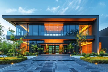Image shows the exterior of a modern luxurious house illuminated at twilight with beautiful landscaping