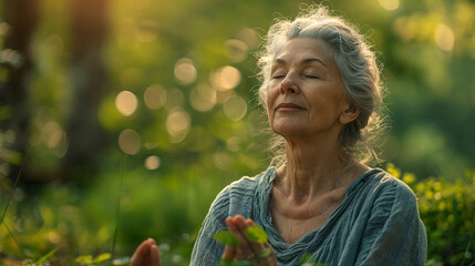 a senior woman meditating in a peaceful garden - obrazy, fototapety, plakaty