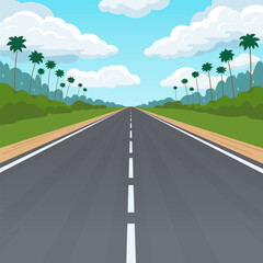 Naklejka premium Straight empty road leading to the horizon. Asphalt highway running through the forest. Summer scene with road, blue cloudy sky and palm trees. Vector landscape in flat design style.