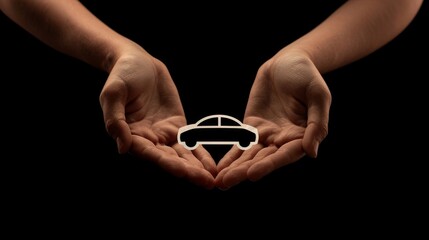 An isolated black and white image of two hands. A car icon in the middle represents service, security, and insurance. - obrazy, fototapety, plakaty