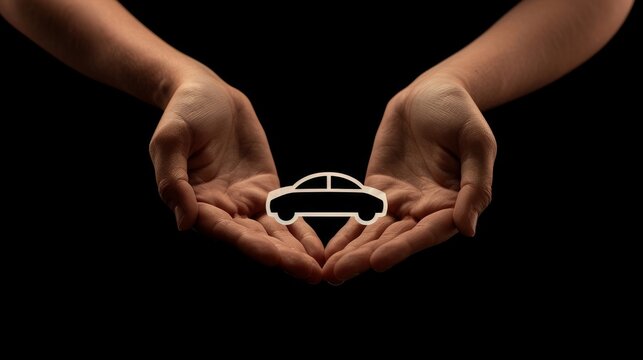 An isolated black and white image of two hands. A car icon in the middle represents service, security, and insurance.