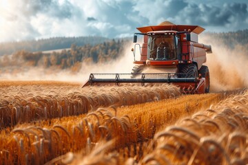 A powerful image of a harvester cutting through a golden wheat field under a dramatic cloud-filled sky The focus is on the machinery and the ripe wheat
