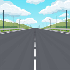 Straight empty highway stretching to the horizon. Asphalt road running through green fields with distant forests and snow-capped mountains. Vector landscape in flat style.