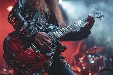 An intense shot capturing the details of a guitarist's hands and guitar as he plays live on stage with stage smoke