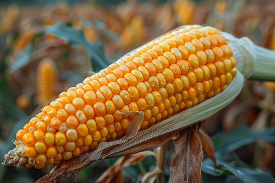 Detailed image of a single corn cob among dried corn stalks in a field