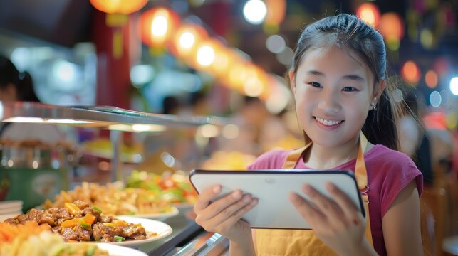 An image of a girl holding a tablet pc and a Chinese food icon. She is searching and ordering food online.
