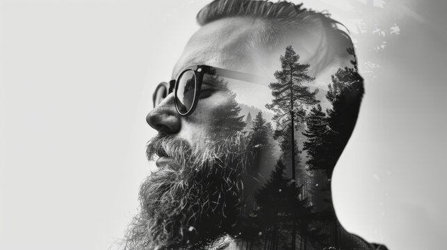 Black and white image of a bearded man wearing sunglasses with an elegant haircut. The image is created using multiple exposures. An image of a forest landscape is depicted in the dark portion of the