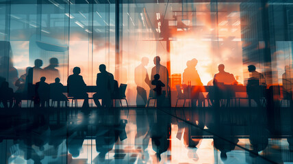 Double exposure of a dynamic corporate team in a conference room, blending ideas and strategy planning, abstract teamwork concept
