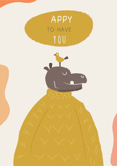 Happy to have you postcard hippo bird cute animals illustration
