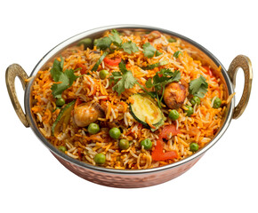 Delicious vegetable chicken biryani bowl close up, top view, isolated on transparent background, cut out	
