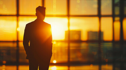 Investor silhouette with gold glow, sunrise, backlit, sharp silhouette, vibrant color - obrazy, fototapety, plakaty