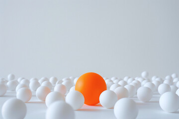 A striking visual contrast is achieved as orange ping pong balls are encircled by white balls against a clean white background - obrazy, fototapety, plakaty