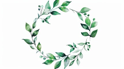 Green branches with berries and leaves. Simple minimalist round frame. Invitations, greeting cards, posters.
