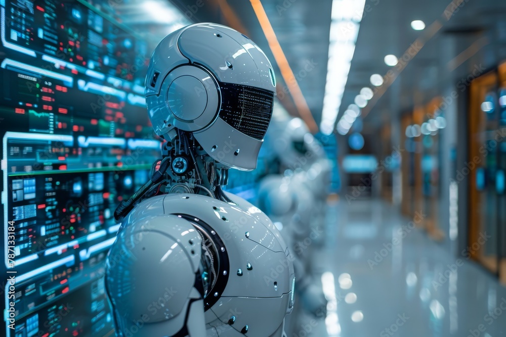 Poster this image shows a futuristic robot head profile facing advanced data server panels, representing hi
