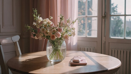 Pink flowers in a vase.


