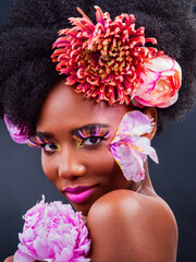 Beauty, portrait and salon with afro black woman in studio on dark background for natural...