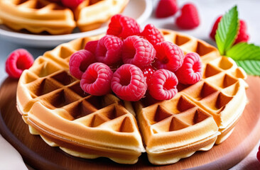 Viennese waffles with juicy raspberries for a healthy breakfast