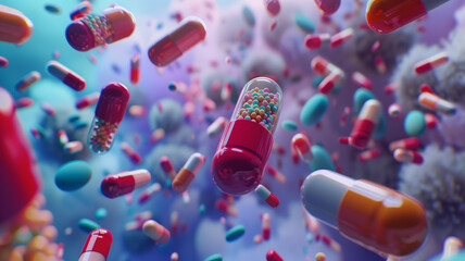 Global health concept, assorted antibiotic capsules, emphasis on resistance, clean creative space, photorealistic, wide angle, - obrazy, fototapety, plakaty