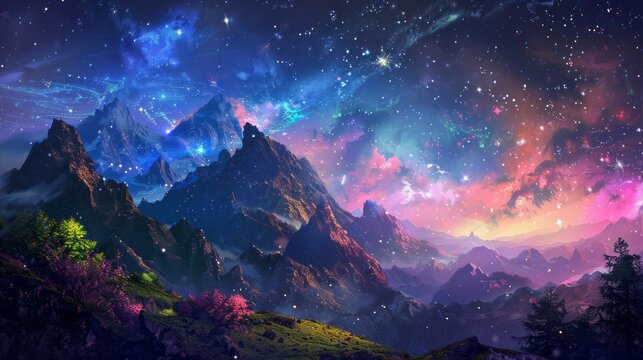 Beautiful fantasy colorful night landscape as wallpaper background