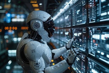 Fototapeta premium A humanoid robot with intricate details interacts with glowing server racks in a dark data center environment