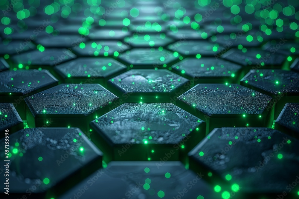 Poster a dark, intricate hexagonal pattern illuminated with green futuristic lights creating a sci-fi envir
