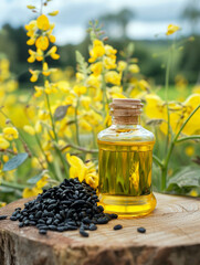 Rapeseed oil in a bottle and a field of flowering rapeseed in the background. AI generativ.