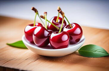 Composition of ripe cherries on a plate on a blurred background