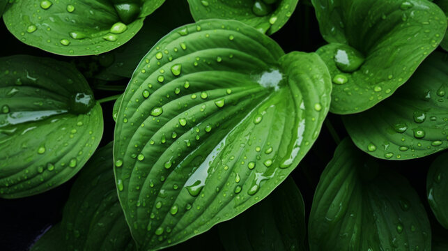 Vivid Green Plant Leaves Adorned with Raindrops After Rainfall
