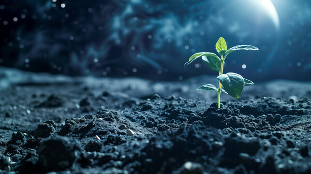 Sprout on moon surface: Young plant growing on lunar ground with earthshine and stars, symbolizing life and hope in space exploration.
