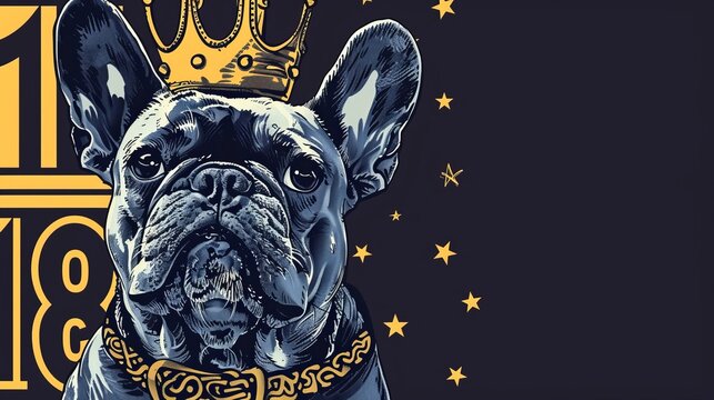 Hand drawn holiday image depicting a french bulldog as the king of the new year in a crown and a gold collar with the number 2018. A French bulldog is the symbol of Chinese New Year.