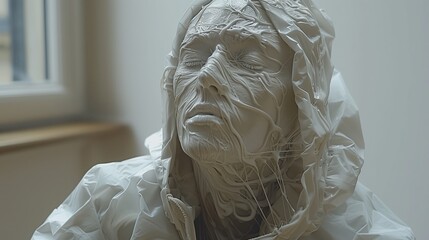 a close up of a statue of a woman wrapped in plastic