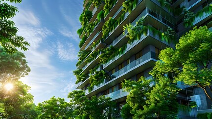 Green Cityscape: Modern Sustainable Buildings, Eco-Friendly Architecture, Trees, Urban Environment - obrazy, fototapety, plakaty