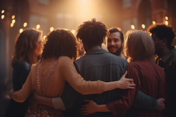 Fototapeta premium Diverse Friends Embracing Together in a Warm Sunset