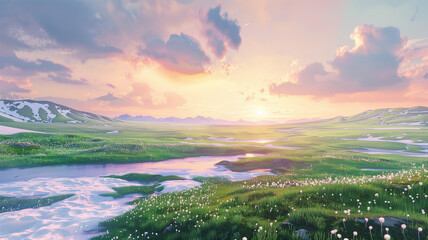 Panoramic view of a landscape in early spring, where melting snow reveals lush green grass, under a pastel sunrise sky, crafted in a serene, photorealistic style - obrazy, fototapety, plakaty
