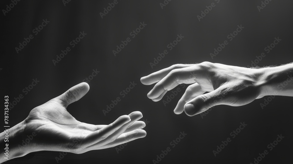 Wall mural the hands of two people are forming a gesture of trust and openness. black and white image.