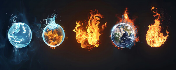 Abstract five Fundamental Elements of Nature with fire, water , Earth, Space, and Creation illustration background. generative ai. - obrazy, fototapety, plakaty