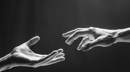 The hands of two people are forming a gesture of trust and openness. Black and white image. - obrazy, fototapety, plakaty