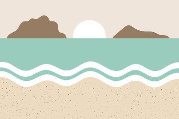 Fototapeta na wymiar Sea sandy beach in abstract style. Sandy beach overlooking the sea and mountains. Simple vector illustration of paradise beach in flat style for design. Summer vacation.