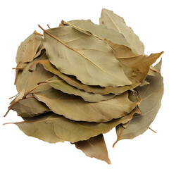 A stack of dried bay leaves, casting a complex aroma, ready for enriching stews and soups, symbolizing tradition, isolated on transparent background