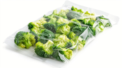 Crisp and verdant, this high-resolution image captures fresh diced broccoli in vacuum packaging. The broccoli's rich green hue is enhanced by the clear packaging, emphasizing freshness and nutrition. 