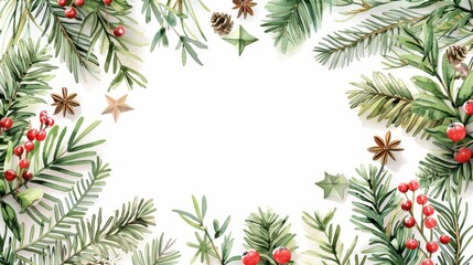 A watercolor Christmas frame with a place for your wishes and greetings. The template features fir branches, boxwood, red berries, and anise stars.