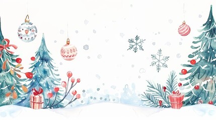 Greeting card with watercolor elements depicting Christmas and winter.