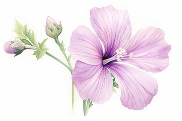 Watercolor malva flower, soft pastels, front view, on a pure white background, delicate brush strokes ,  watercolor art