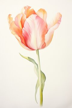 Watercolor tulip on solid white, soft light, delicate brushstrokes, hint of shadow for depth