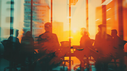 Teamwork and strategy planning captured in a double exposure of corporate people discussing in a conference room, abstract business concept - obrazy, fototapety, plakaty
