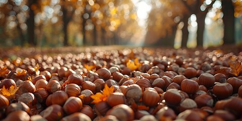 Close-up of hazelnuts in foliage and sunlit forest in autumn. - obrazy, fototapety, plakaty