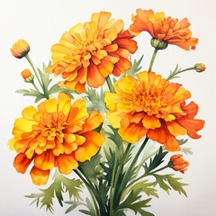 Marigold watercolor, bold colors on white, clear shadow for depth, sunny ambiance