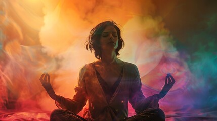 Meditating woman her aura is visible vibrantation