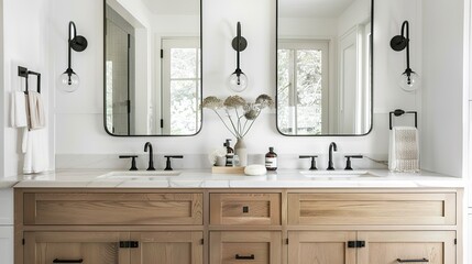Minimalist double vanity with oak cabinets 